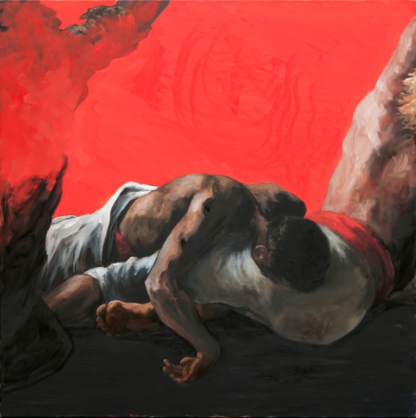 Martin Bruneau - Fragments : Groupe fond rouge et noir, 2014, huile sur toile, 150 x 150 cm. © Galerie Isabelle Gounod